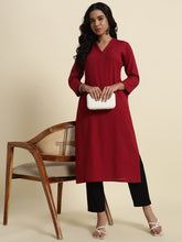 Thread Plus Cotton Flax Straight Kurti In Light Maroon Color For Women